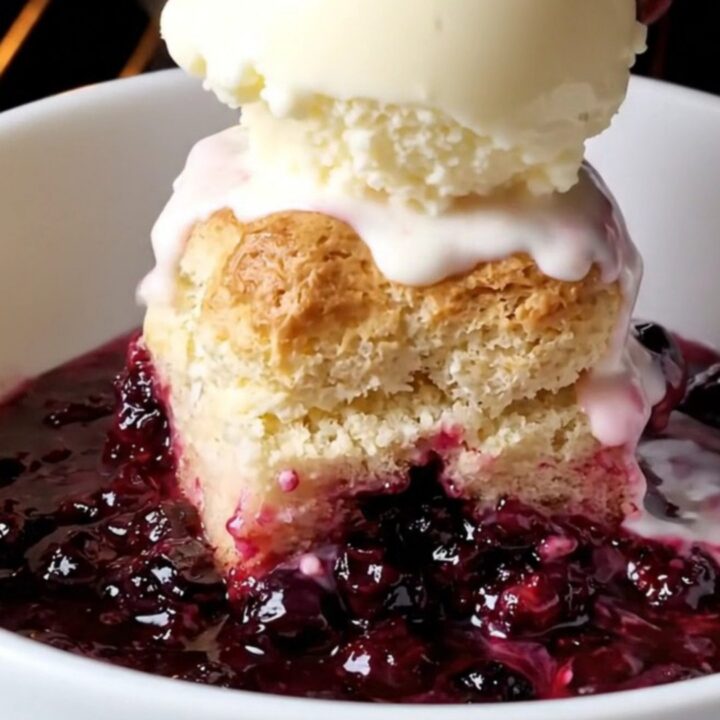 Cast iron skillet filled with bubbling blueberry cobbler topped with golden biscuits and melting vanilla ice cream