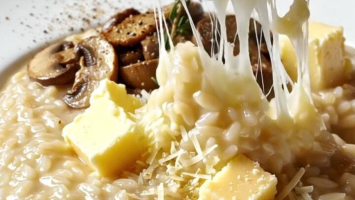 Creamy wild mushroom risotto topped with seared mushrooms and fresh thyme in a pan