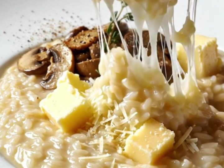 Creamy wild mushroom risotto topped with seared mushrooms and fresh thyme in a pan