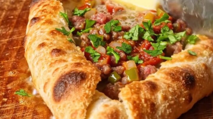 Golden boat-shaped Turkish pide with spiced beef filling and melted butter on top