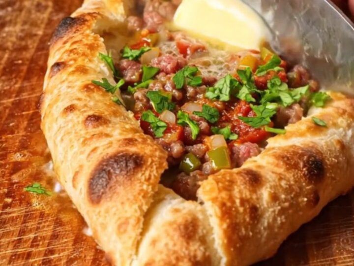 Golden boat-shaped Turkish pide with spiced beef filling and melted butter on top