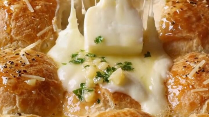 Golden pull-apart dinner rolls with melted cheese stretching between them