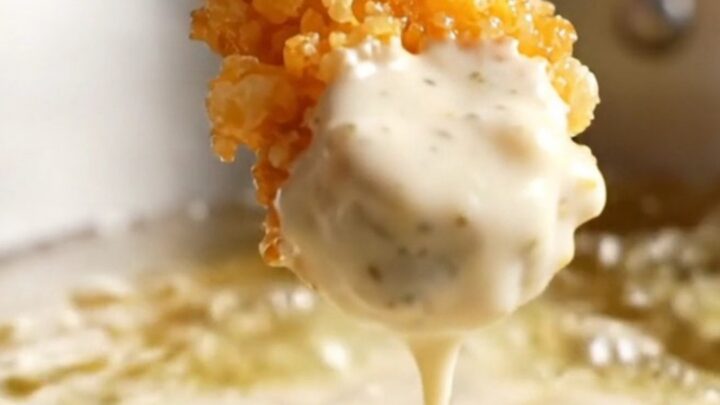 A metal spider holding golden crispy panko-crusted fried pickle chips, with a bowl of buttermilk ranch in the background.