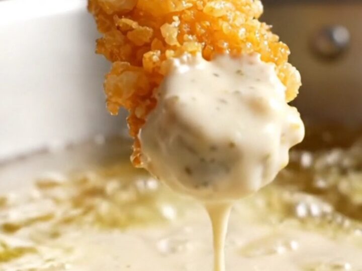 A metal spider holding golden crispy panko-crusted fried pickle chips, with a bowl of buttermilk ranch in the background.