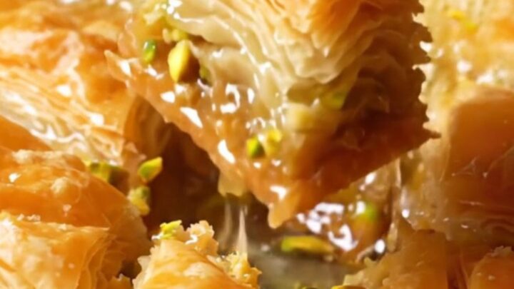 Golden diamond-cut baklava with syrup being poured, showing crispy layers and pistachio filling.