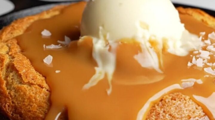 Molten dulce de leche skillet lava cake with ice cream and sea salt