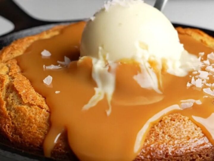Molten dulce de leche skillet lava cake with ice cream and sea salt