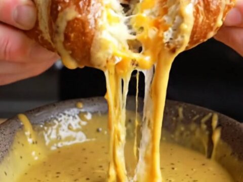 Golden brown pretzels stuffed with cheese, with a honey mustard dip on the side