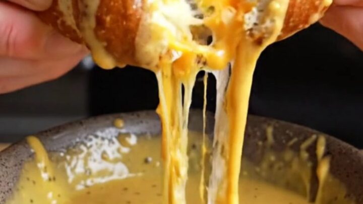 Golden brown pretzels stuffed with cheese, with a honey mustard dip on the side