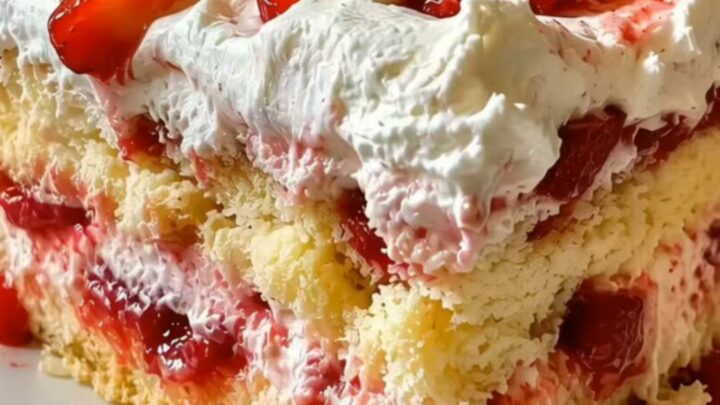 A slice of strawberry shortcake sheet cake showing layers of sponge, cream, and fresh strawberries.