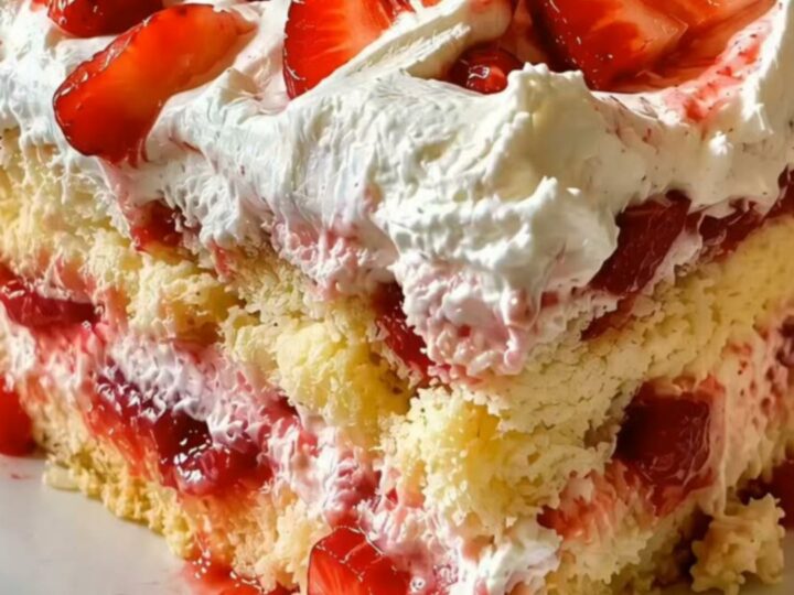 A slice of strawberry shortcake sheet cake showing layers of sponge, cream, and fresh strawberries.