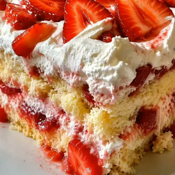 A slice of strawberry shortcake sheet cake showing layers of sponge, cream, and fresh strawberries.