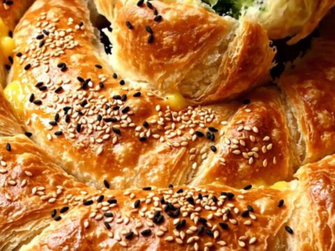 A golden spiral borek with sesame seeds, sliced to show spinach and feta filling.