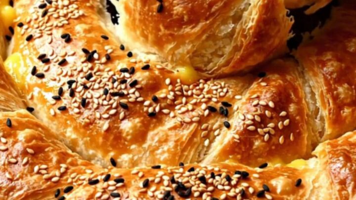 A golden spiral borek with sesame seeds, sliced to show spinach and feta filling.