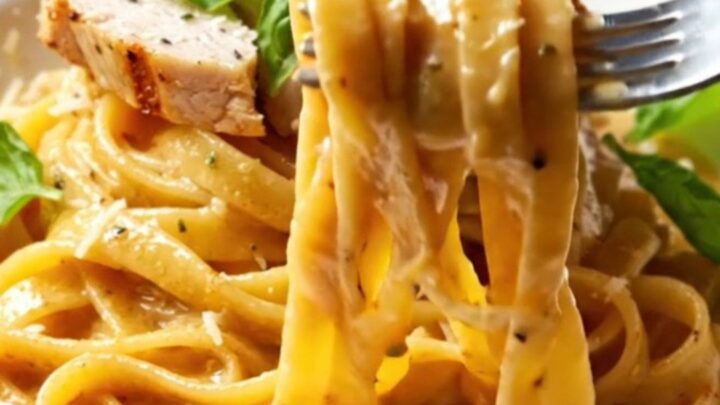 Creamy fettuccine with sun-dried tomatoes and grilled chicken, topped with fresh basil