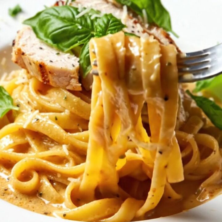 Creamy fettuccine with sun-dried tomatoes and grilled chicken, topped with fresh basil