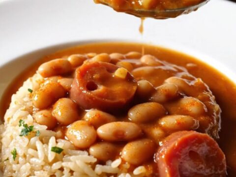 A clay pot of Turkish white bean stew with sucuk sausage, garnished with pickled peppers