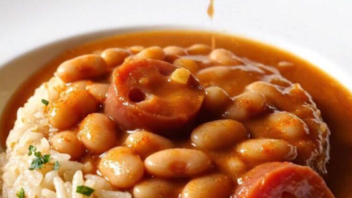 A clay pot of Turkish white bean stew with sucuk sausage, garnished with pickled peppers