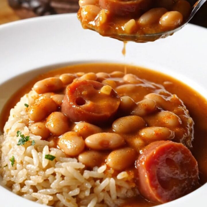 A clay pot of Turkish white bean stew with sucuk sausage, garnished with pickled peppers