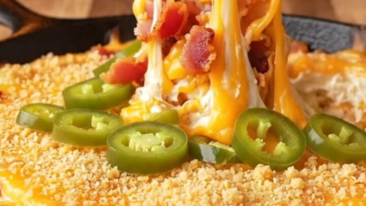 Bubbling cast iron skillet of jalapeño popper dip with golden panko crust and tortilla chips