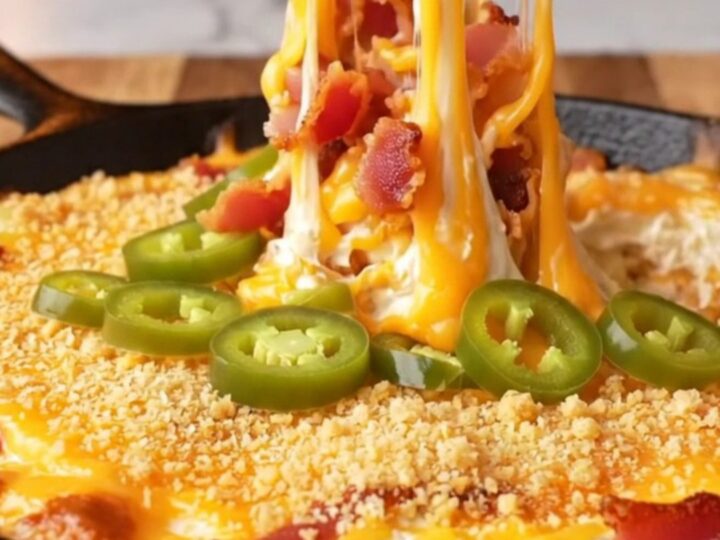 Bubbling cast iron skillet of jalapeño popper dip with golden panko crust and tortilla chips