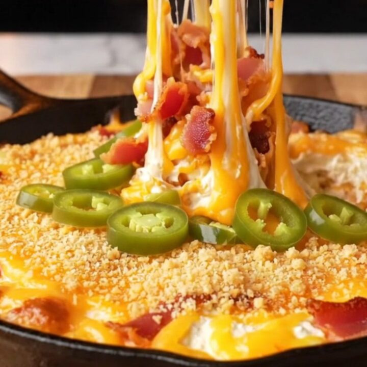Bubbling cast iron skillet of jalapeño popper dip with golden panko crust and tortilla chips