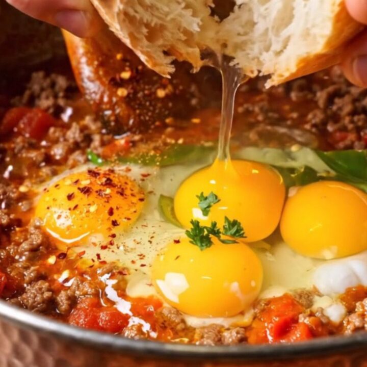 Copper pan of Turkish menemen with ground beef, tomatoes, and soft eggs, crusty bread on the side