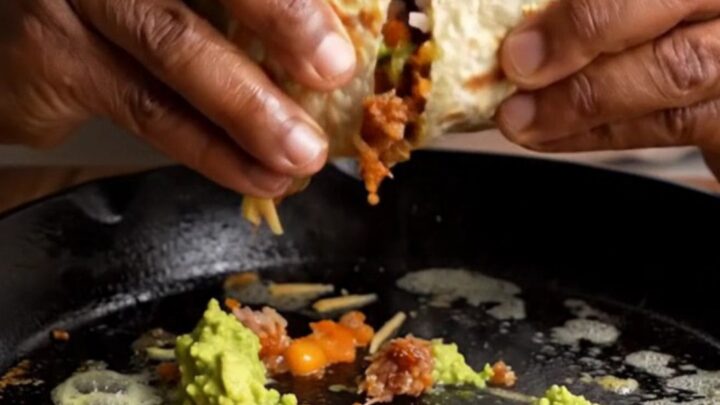Crispy pork carnitas burrito cut in half showing layers of rice, beans, carnitas, guacamole, and cheese