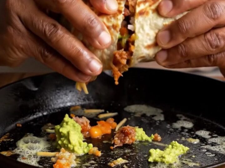 Crispy pork carnitas burrito cut in half showing layers of rice, beans, carnitas, guacamole, and cheese