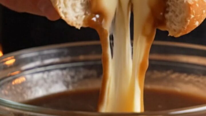 French dip prime rib sandwich with melted Swiss cheese and horseradish aioli on a crusty roll, dipped in beef au jus.