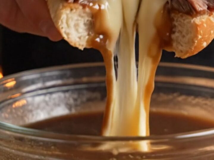 French dip prime rib sandwich with melted Swiss cheese and horseradish aioli on a crusty roll, dipped in beef au jus.