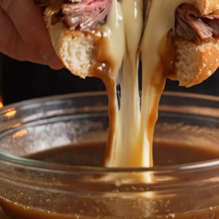 French dip prime rib sandwich with melted Swiss cheese and horseradish aioli on a crusty roll, dipped in beef au jus.