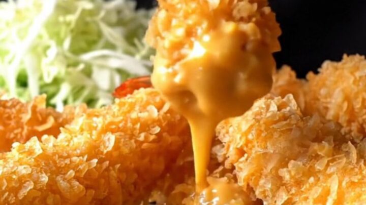 Golden crispy panko-breaded shrimp arranged over shaved cabbage with a bowl of chunky tartar sauce.