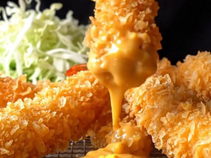 Golden crispy panko-breaded shrimp arranged over shaved cabbage with a bowl of chunky tartar sauce.