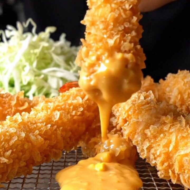 Golden crispy panko-breaded shrimp arranged over shaved cabbage with a bowl of chunky tartar sauce.
