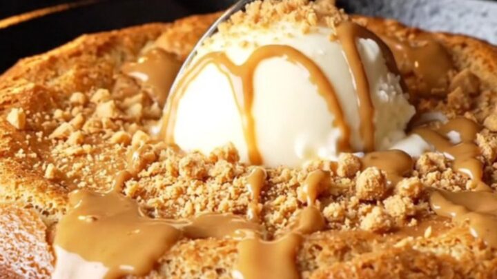 Molten Biscoff skillet cake with vanilla ice cream and cookie crumbs