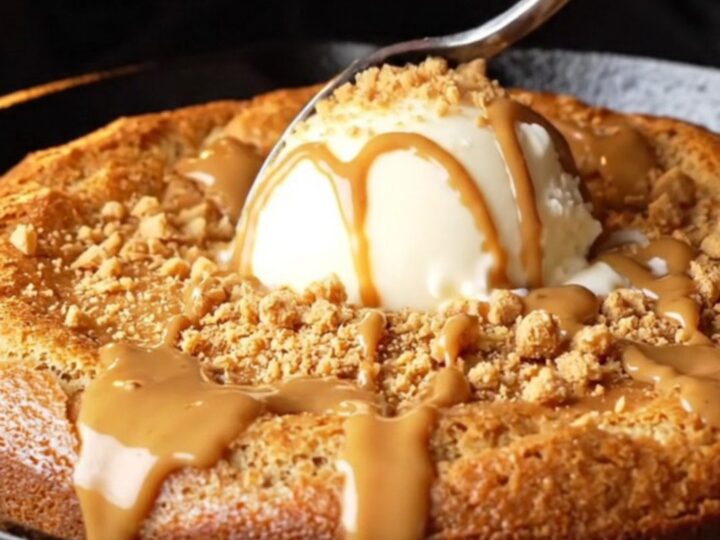 Molten Biscoff skillet cake with vanilla ice cream and cookie crumbs