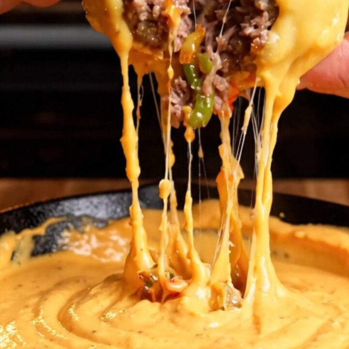 Giant stuffed meatball with molten provolone and peppers, on a cutting board