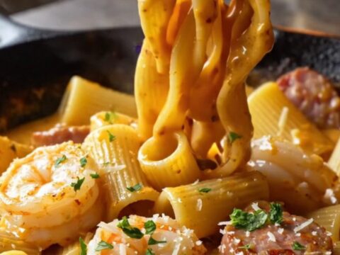 Creamy Cajun shrimp and sausage rigatoni in a skillet, topped with parsley