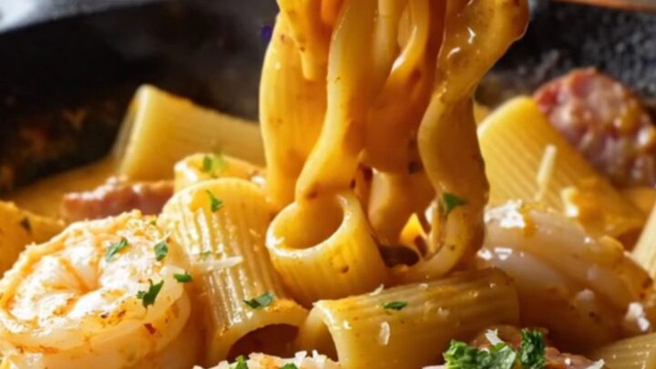 Creamy Cajun shrimp and sausage rigatoni in a skillet, topped with parsley