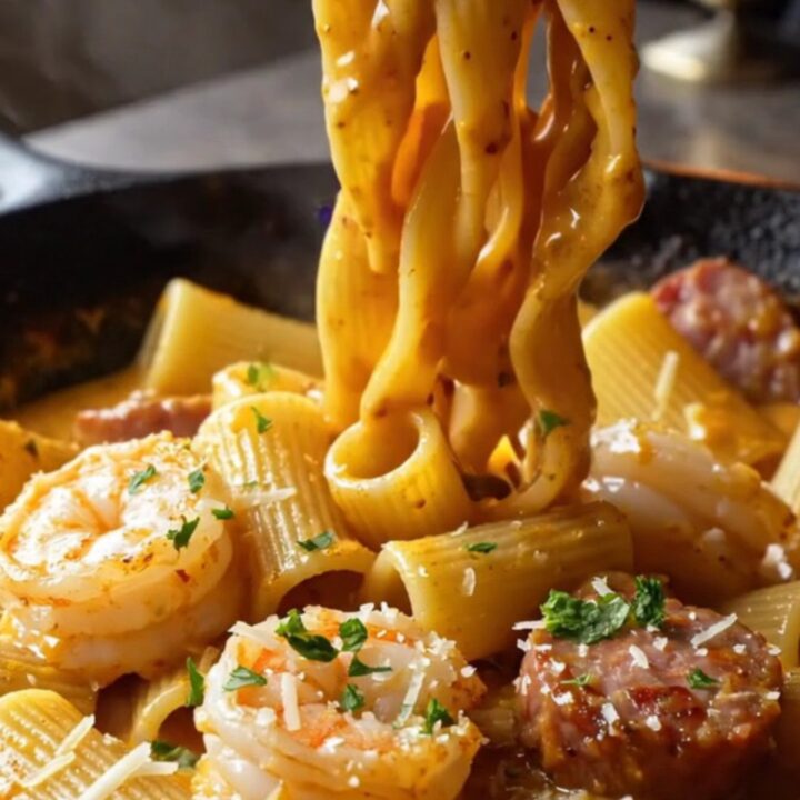 Creamy Cajun shrimp and sausage rigatoni in a skillet, topped with parsley