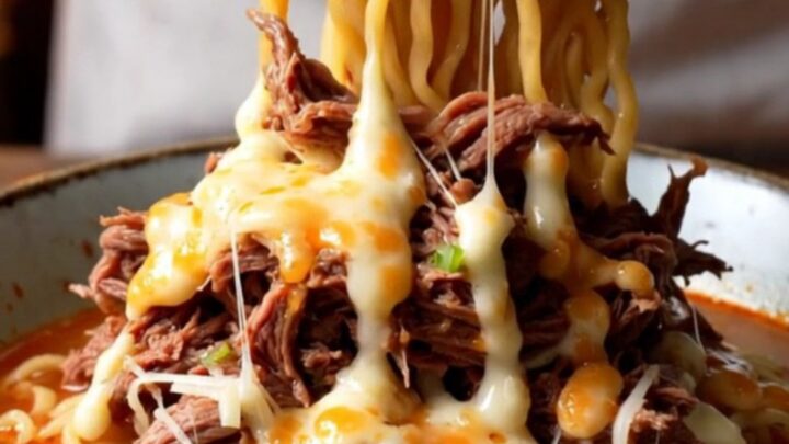 A bowl of birria ramen with consommé, shredded beef, melted cheese, and a soft-boiled egg.