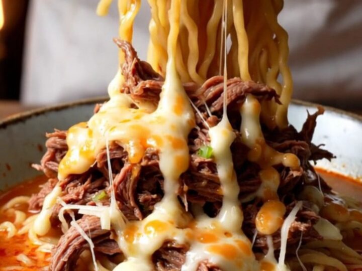 A bowl of birria ramen with consommé, shredded beef, melted cheese, and a soft-boiled egg.