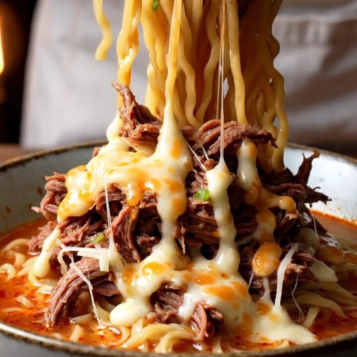 A bowl of birria ramen with consommé, shredded beef, melted cheese, and a soft-boiled egg.