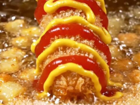 Golden crispy Korean potato corndog with a long cheese pull