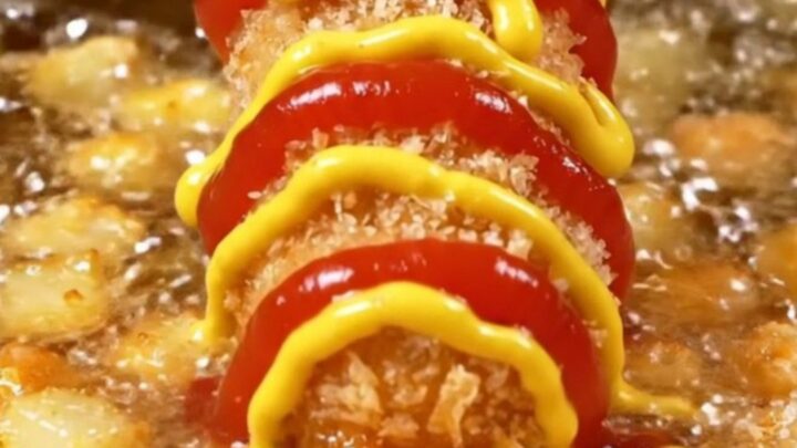 Golden crispy Korean potato corndog with a long cheese pull
