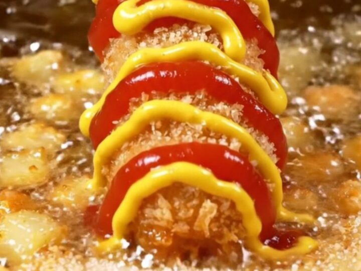 Golden crispy Korean potato corndog with a long cheese pull