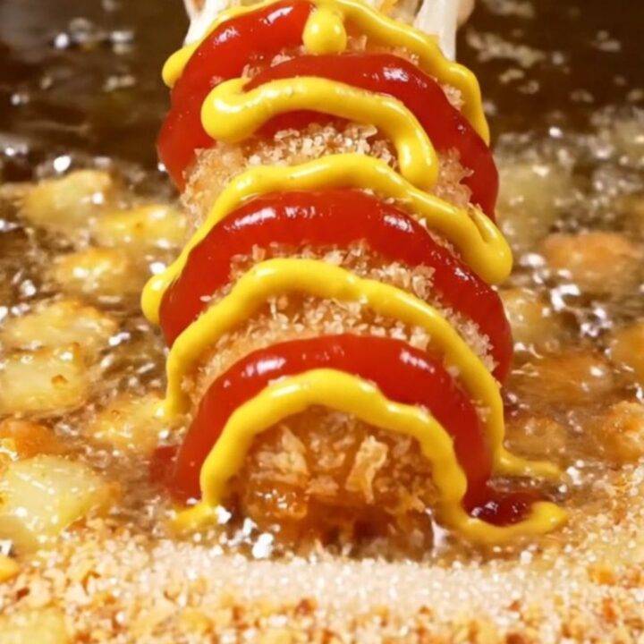 Golden crispy Korean potato corndog with a long cheese pull