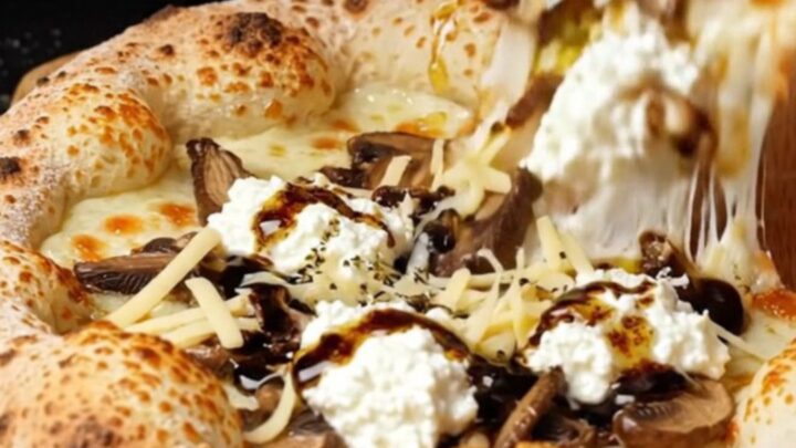 Blistered sourdough pizza with melted fontina, mushrooms, and truffle oil drizzle