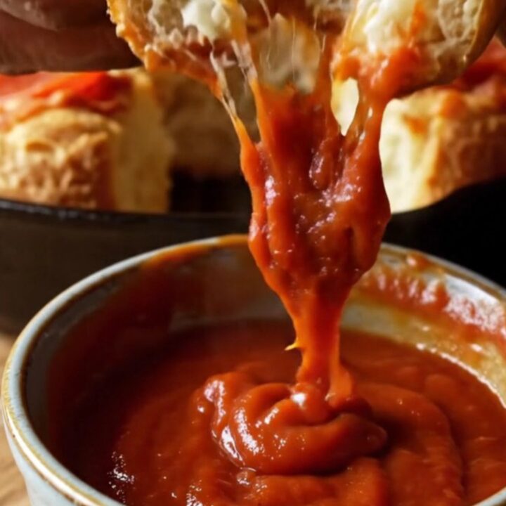 Pull-apart pizza monkey bread in a cast iron skillet with melted cheese and pepperoni